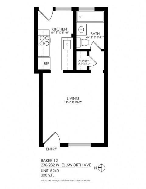 Floor plan for studio, 1 bath, 300 sqft
